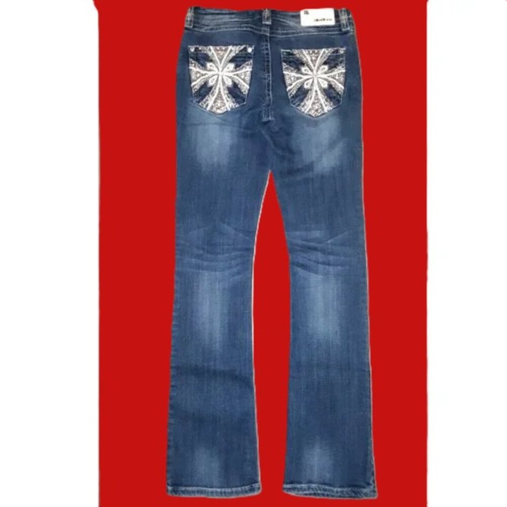 Grace in LA Easy Fit Bootcut Jeans Size 7 Rhinestone Bling Crosses Embroidered